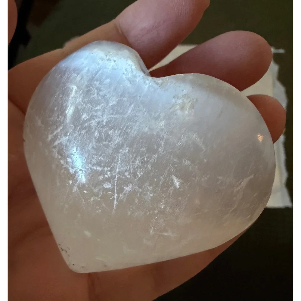 Selenite Crystal Heart White Excellent Polished Palm Stone Decor